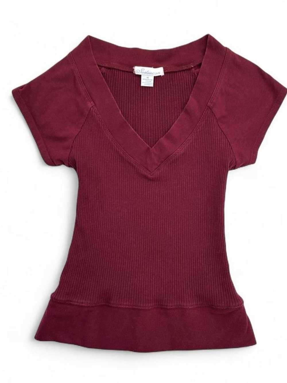 Y2K 2000s Maroon Fitted Ribbed Short Sleeve V-Neck Top